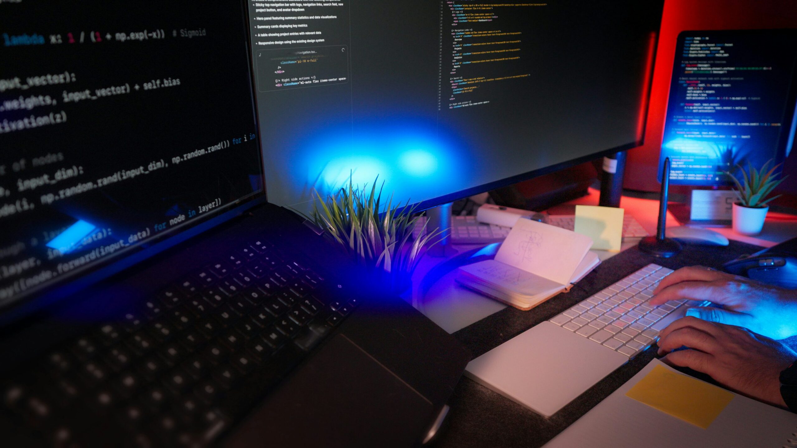 Illustrative coding workspace with multiple monitors